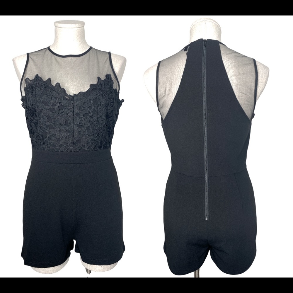 Black Romper Shorts Sleeveless Mock Neck Lace Embroidered Flower Detail L